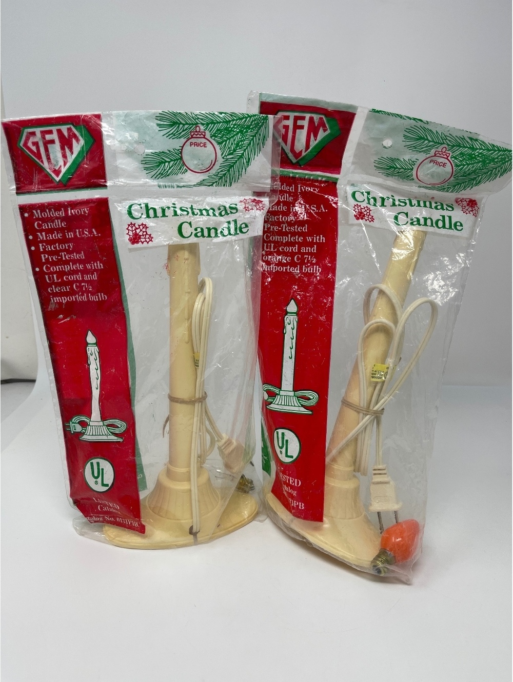 Vintage GEM Electric Christmas Candle Window Light Molded Ivory USA NIP Lot of 2